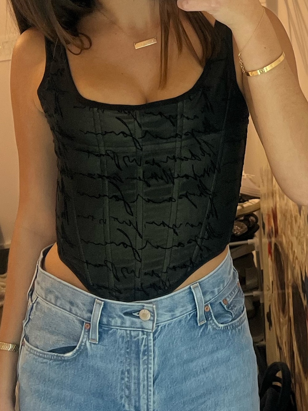With Jean Black Corset-Style Tank Top